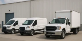 3 company vehicles parked in front of a warehouse