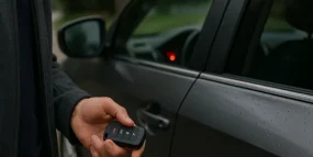 A security remote held in front of a car