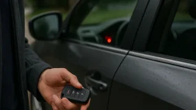 A security remote held in front of a car